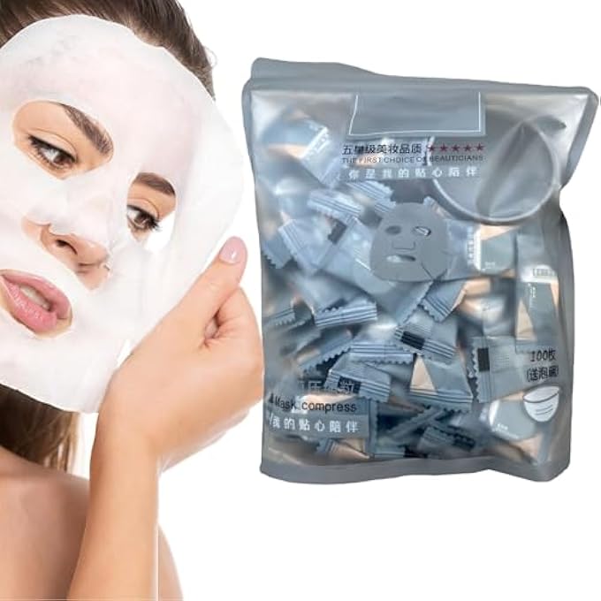 FUIN 100PCS COMPRESSED FACIAL MASK, DISPOSABLE BEAUTY DIY COSMETIC COMPRESSED FACIAL MASK, SKIN CARE NATURAL FACE SHEET MASK PAPER SKIN CARE WRAPPED MASKS WITH MASK BOWL - Image 1